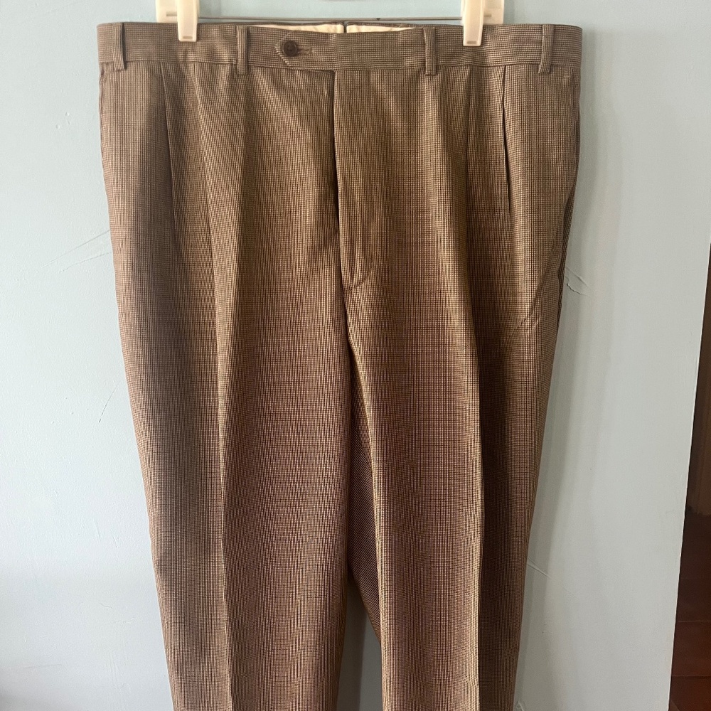 Men's Premier Super 100's Worsted Wool Pleated Tan/Brown Houndstooth 40X28 Pant